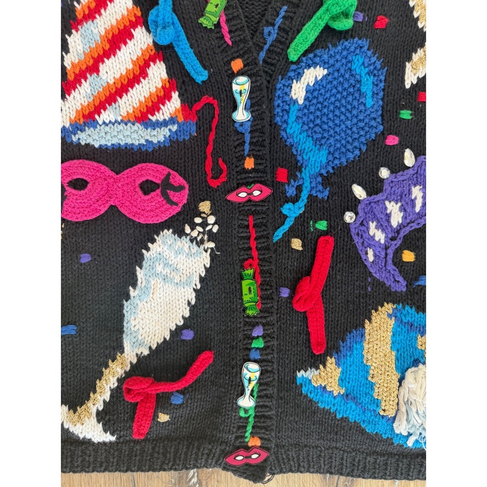Eagle's Eye Vintage 1994 New Year Party Cardigan Women S Black Hand Knit Novelty - Picture 3 of 9